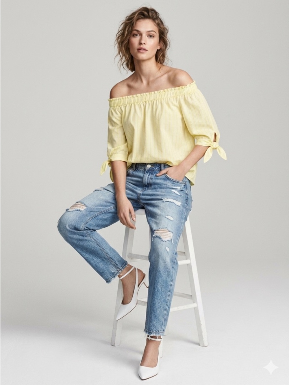 H&M LOGG Butter Yellow Pinstripe Off-The-Shoulder Blouse 6*